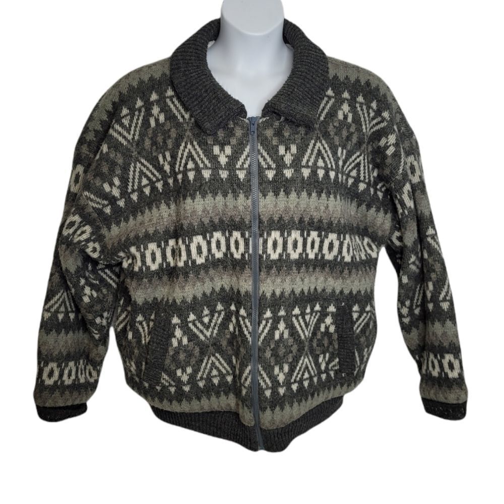 VINTAGE 90s gray‎ fair isle sherpa lined zip up sweater jacket shacket unisex L